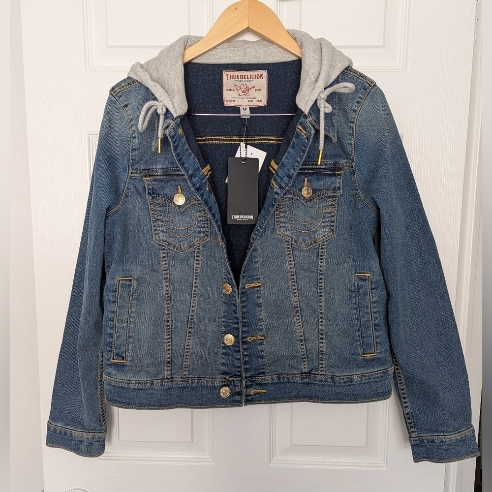 BNWT True Religion UNISEX Adult (Large) Relaxed Denim Trucker Hooded Jean Jacket